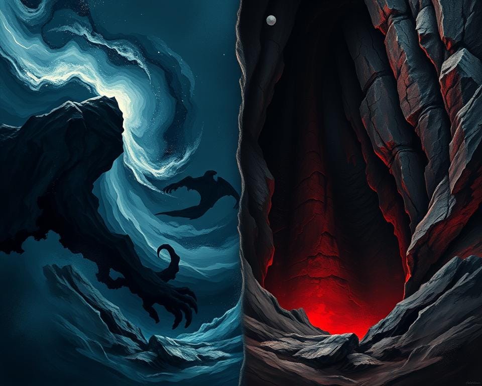 Symbolic contrast between Erebus (abstract darkness) and Tartarus (physical abyss) in Greek mythology