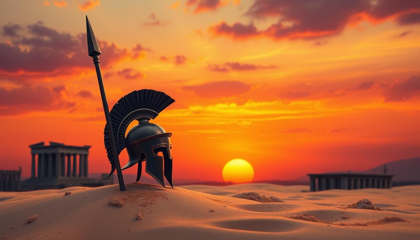Symbolic image of Achilles' helmet and spear at sunset, representing his eternal legacy