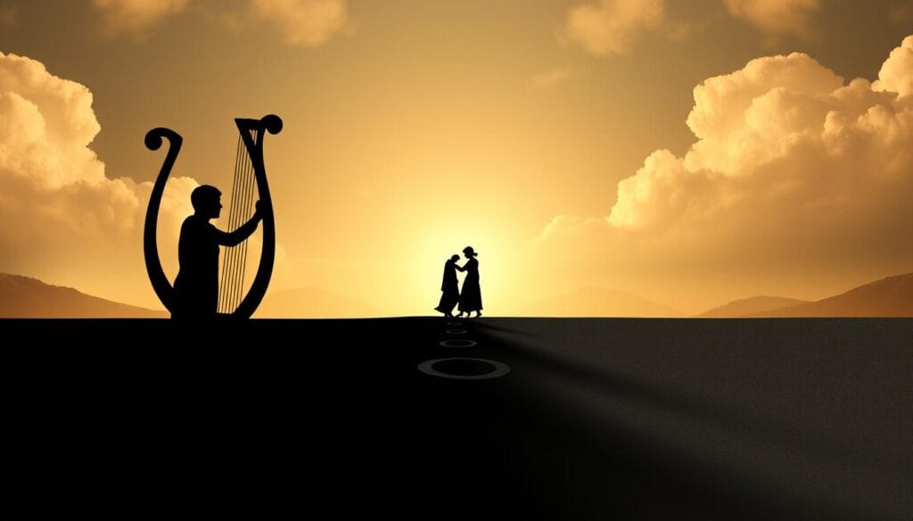Symbolic image representing the themes of love, art, and mortality in the Orpheus myth