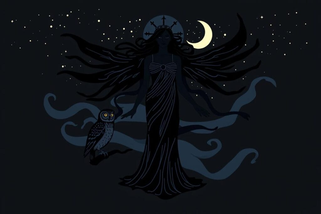 Symbolic representation of Nyx with her attributes including dark mists, stars, and an owl