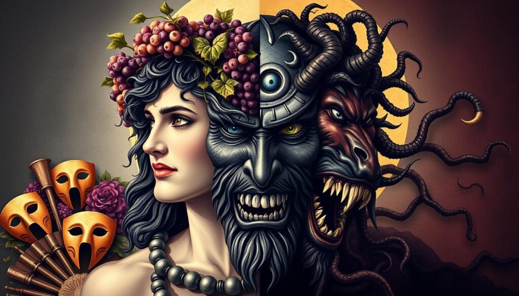 Symbolic representation of the dual nature of Dionysus God of Wine Ecstasy Theatre showing both creative and destructive aspects