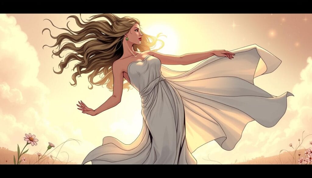 Terpsichore, the graceful muse of dance, stands in a luminous, ethereal setting. Her flowing robes billow around her as she moves with fluid, expressive gestures, capturing the essence of creative inspiration. The background is a soft, dreamlike landscape, with pastel hues and a sense of tranquility. Delicate floral accents and a celestial glow add to the atmospheric, divine quality of the scene. Terpsichore's face radiates a serene, contemplative expression, inviting the viewer to connect with the muse's muse-like power and the joy of movement. Soft, diffuse lighting casts a gentle, warm glow, highlighting the muse's elegance and the harmony of the composition.