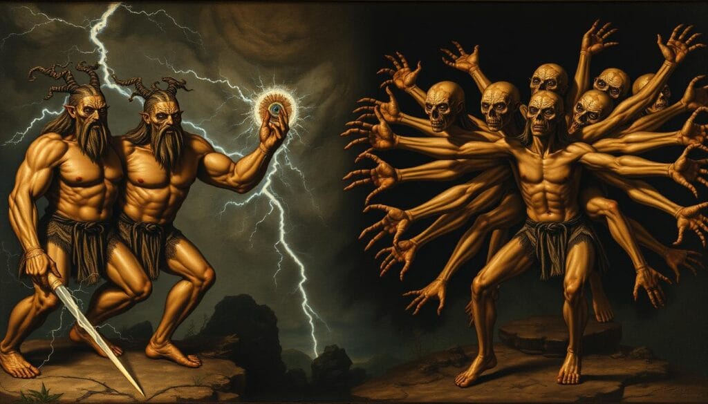The Cyclopes and Hecatoncheires, monstrous offspring of Gaia and Uranus