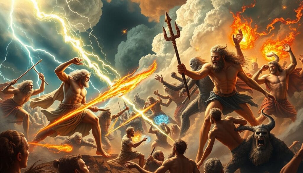 The Titanomachy - war between the Olympians and Titans with Gaia's influence