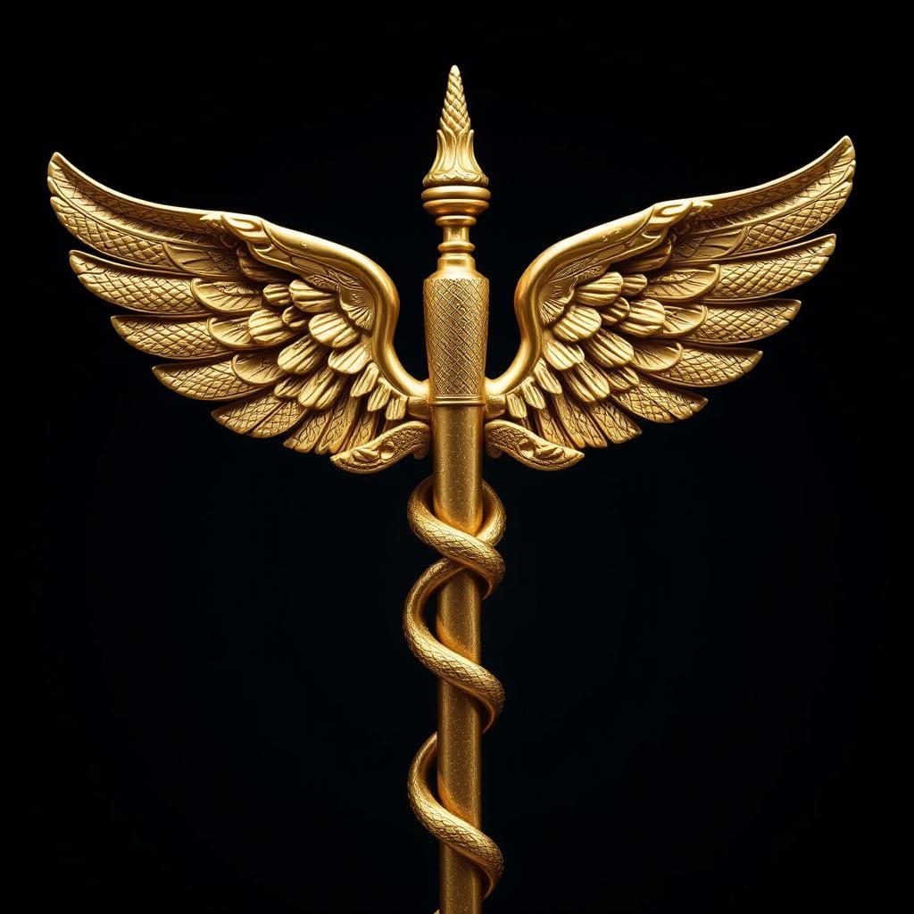 The caduceus of Hermes - a staff with two intertwined snakes and wings
