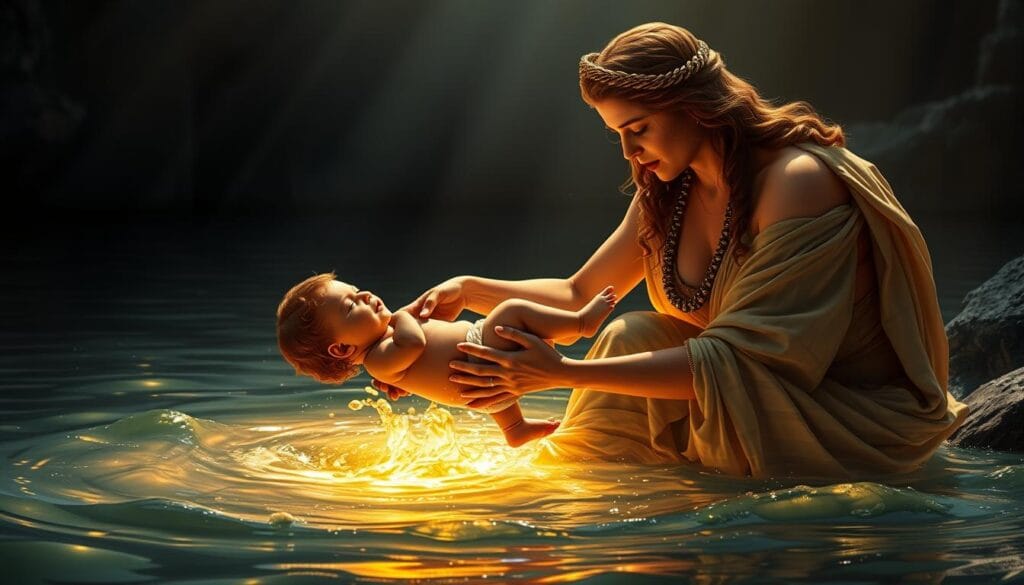 Thetis dipping infant Achilles into the River Styx while holding him by his heel, with mystical waters glowing around them