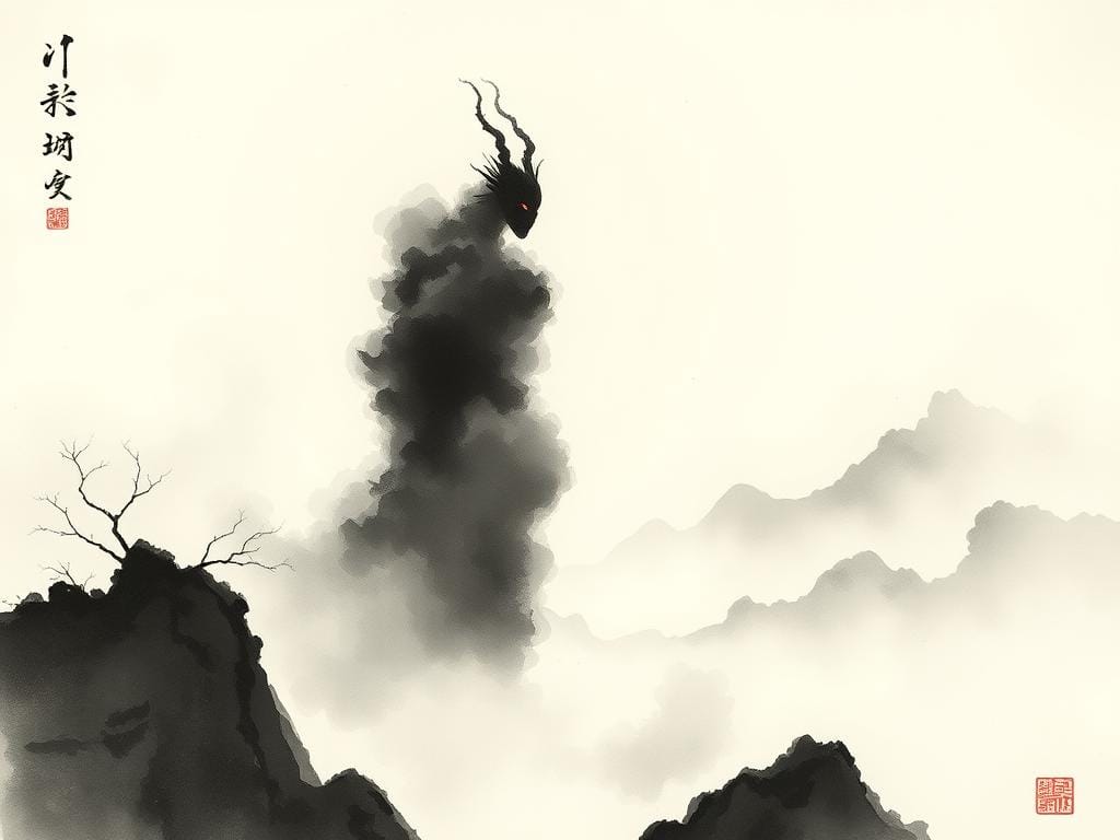 Traditional Chinese painting depicting Hundun as a faceless being