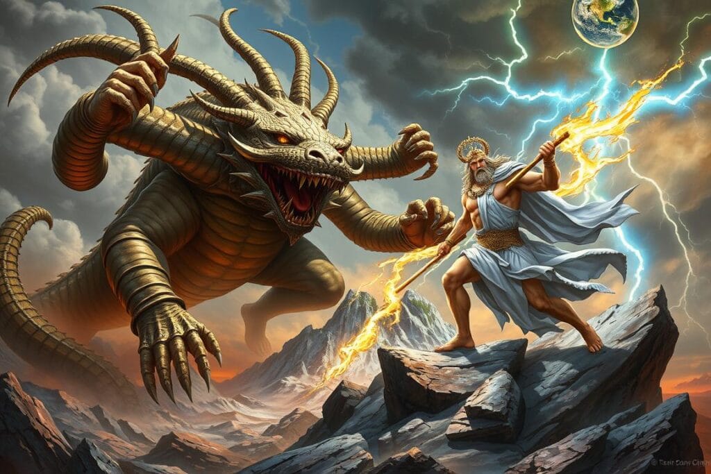 Typhon, Gaia's monstrous offspring, battling Zeus
