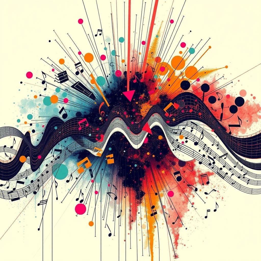 Visual representation of chaotic music with complex waveforms and patterns