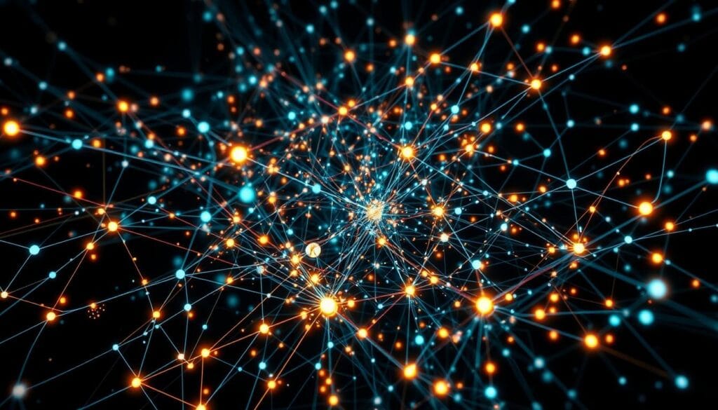 Visual representation of digital chaos showing network connections and data visualization