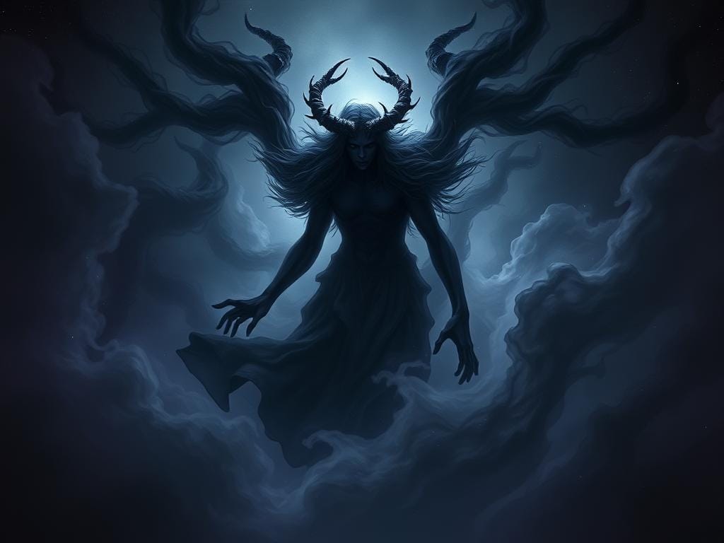 Visualization of Erebus as the primordial darkness in Greek mythology, showing swirling dark mists