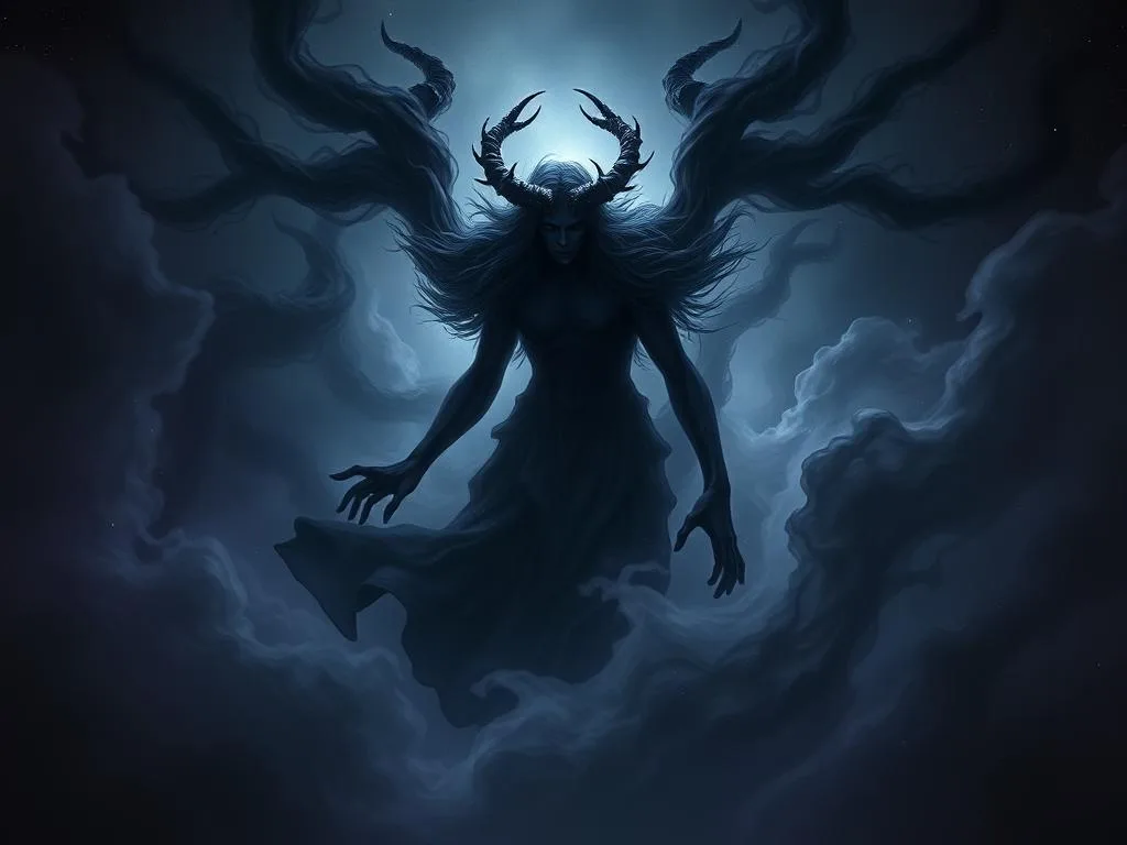 Visualization of Erebus as the primordial darkness in Greek mythology, showing swirling dark mists