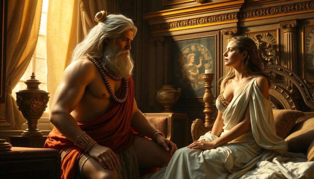 Zeus visiting Alcmene disguised as her husband Amphitryon, depicting the divine conception of Hercules hero to god