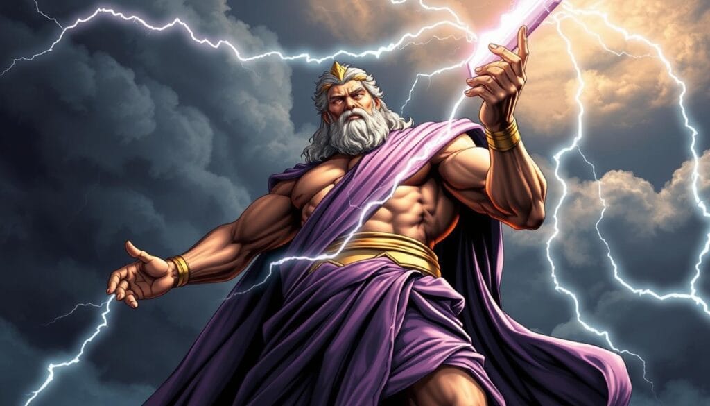 thunder god Zeus wielding lightning bolt