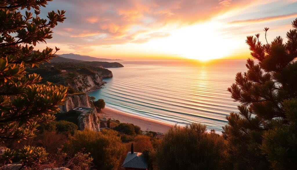 A breathtaking sunset viewpoint overlooking the serene Megas Horos Beach in Corfu. In the foreground, sun-dappled cliffs and lush, verdant foliage frame the scene. The middle ground features the stunning azure waters of the Ionian Sea, gently lapping against the golden sands. In the distance, the horizon is ablaze with a vibrant display of reds, oranges, and purples, casting a warm, ethereal glow over the entire landscape. The composition is shot at a wide angle, capturing the grandeur and scale of this picturesque setting. The lighting is soft and diffused, creating a sense of tranquility and relaxation. This image perfectly encapsulates the beauty and serenity of Megas Horos Beach and the nearby village life.