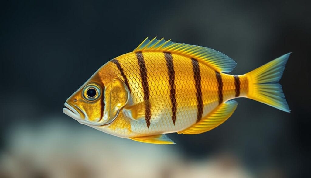 A close-up photographic portrait of a vibrant salema porgy (Sarpa salpa), a unique sea bream species native to the Mediterranean Sea. The fish is rendered in stunning detail, its scales glimmering under soft, diffused lighting that accentuates the fish's elegant, oval-shaped silhouette and distinctive golden-yellow coloration with dark vertical bars. The background is blurred, emphasizing the salema porgy as the central focus, against a muted, oceanic backdrop suggestive of the fish's natural coastal habitat. The overall composition and lighting evoke a sense of tranquility and scientific observation, highlighting the salema porgy's beauty and distinctive features for identification purposes.