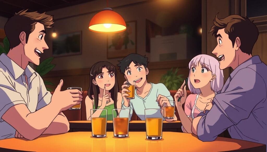 A group of friends casually conversing in a cozy cafe, the warm lighting casting a soft glow on their faces as they gesticulate animatedly while sipping their drinks. The setting exudes a relaxed, informal atmosphere, reflecting the natural, comfortable usage of the Greek slang word "malakas" in their everyday interactions.