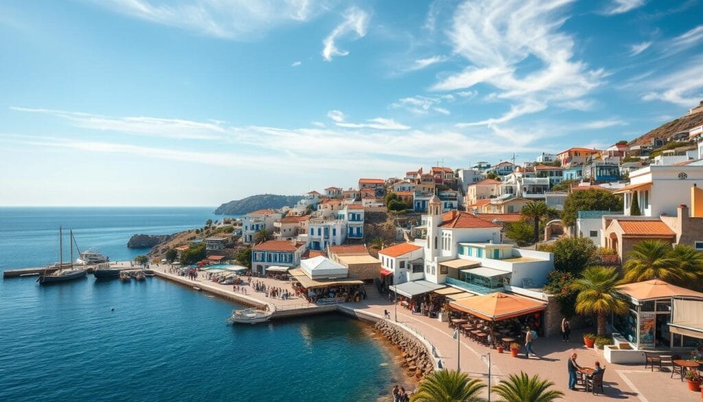 A panoramic view of the picturesque town of Agios Georgios Pagon in Greece, captured on a sunny day with a warm, golden hue. The foreground features a bustling seaside promenade lined with charming cafes and local shops, their colorful facades reflecting in the calm, azure waters. In the middle ground, white-washed houses with vibrant blue accents and red-tiled roofs cascade down the hillside, leading the eye towards the serene Aegean Sea in the background. Wispy clouds dot the bright, azure sky, creating a sense of tranquility and timelessness. The overall scene conveys the idyllic charm and natural beauty that make Agios Georgios Pagon a prime destination to visit throughout the year.