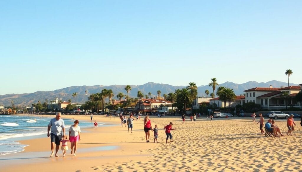 A picturesque beachfront scene in Santa Barbara, California. In the foreground, families stroll along the soft, golden sand, children playing in the gently lapping waves of the crystal-clear Pacific. In the middle ground, palm trees sway in the warm, salty breeze, providing shade and a serene ambiance. In the background, the iconic red-tiled roofs and white stucco walls of the city's Spanish-style architecture line the shore, framed by the majestic Santa Ynez Mountains. Warm, diffused sunlight bathes the entire scene, creating a tranquil, family-friendly atmosphere of relaxation and coastal charm.