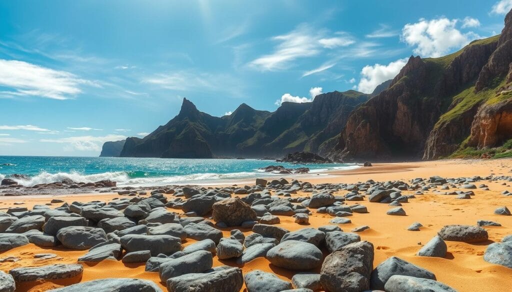 A rugged island coastline under a bright, sun-dappled sky. In the foreground, a stretch of golden sand dotted with smooth, weathered rocks. The middle ground reveals a gently lapping azure sea, its waves caressing the shore. In the distance, a line of towering, verdant cliffs frame the scene, their jagged outlines softened by wispy clouds. The atmosphere is serene and tranquil, inviting the viewer to step into the tranquil oasis and experience the soothing rhythms of nature. A wide-angle lens captures the sweeping panorama, creating a sense of depth and scale.