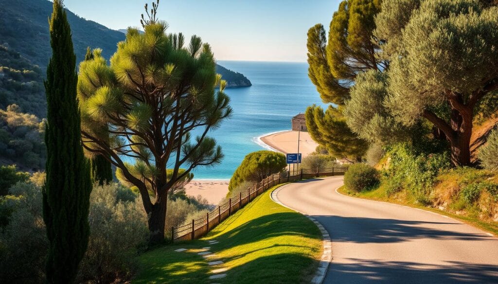 A scenic coastal road winds through lush green hills, offering breathtaking views of the Ionian Sea. In the foreground, a well-maintained paved path leads visitors towards the picturesque Santa Barbara Beach, its golden sands and azure waters inviting exploration. Flanked by cypress trees and ancient olive groves, the scene is bathed in warm, golden sunlight, casting a serene, tranquil atmosphere. A mid-range shot captures the essence of accessibility, highlighting the ease of reaching this idyllic destination by car, with ample parking available nearby. The overall composition conveys a sense of adventure and discovery, reflecting the journey to this picturesque paradise.
