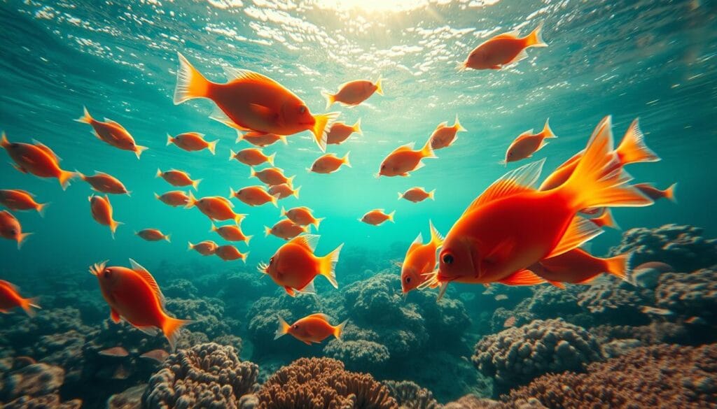 A school of vibrant corfu toothcarp swimming gracefully in the crystal-clear waters of the Ionian Sea. The foreground features the distinct elongated body, protruding lower jaw, and striking coloration of these diminutive fish, their fins gently undulating. The middle ground reveals a lush underwater coral reef teeming with diverse marine life. In the background, dappled sunlight filters through the surface, casting a warm, golden glow over the serene aquatic scene. Captured with a wide-angle lens to showcase the depth and beauty of this Corfiot fish species' natural habitat.