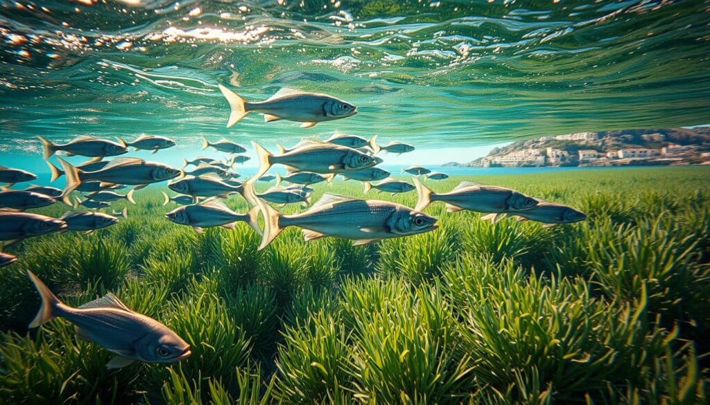 A school of vibrant grey mullet gracefully gliding through the shimmering azure waters of Corfu's coastal lagoons. The fish's broad, flattened heads and crescent-shaped tails propelling them forward with effortless elegance. Sunlight filters through the waves, casting a warm, golden glow on their silvery scales. In the middleground, clusters of verdant seagrass sway gently, creating a lush, underwater meadow. The background opens up to reveal the distant, rugged shoreline, dotted with ancient olive trees and white-washed houses. An atmospheric, hyper-realistic depiction of the iconic mullets that thrive in Corfu's bountiful marine ecosystem.