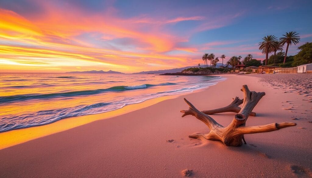 A serene sandy coastline at sunset in Corfu, Greece. Gentle waves caress the shore, their soft lapping echoing the tranquil atmosphere. The sky is awash with vibrant hues of orange, pink, and purple, reflecting off the calm waters. In the foreground, a few sun-bleached driftwood pieces dot the beach, adding to the natural, unspoiled ambiance. Distant palm trees sway gently in the sea breeze, framing the picturesque scene. The overall mood is one of relaxation and escape, capturing the essence of Megas Horos beach's untouched beauty.