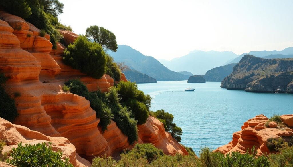 A serene, sun-dappled environment along the Corfu coastline. In the foreground, undulating clay formations in warm, earthy tones, sculpted by wind and water. Lush, verdant vegetation clings to the slopes, creating a naturalistic, untamed aesthetic. The middle ground reveals a tranquil, azure bay, its surface gently rippled by a light breeze. In the distance, rugged mountains rise majestically, their peaks enshrouded in wispy clouds. Soft, diffused lighting bathes the scene in a golden, Mediterranean glow, evoking a sense of timeless, unspoiled beauty. This picturesque paradise exudes a profound atmosphere of peace and harmony with the natural world.
