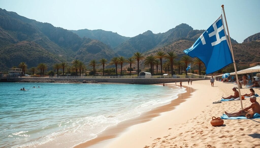 A sun-drenched Greek beach, Agios Georgios Pagon, with fine golden sand and shallow, gently lapping azure waters. In the foreground, sun-seekers relax on beach towels, their tanned skin glistening. The middle ground reveals a well-maintained promenade lined with swaying palm trees, while the background showcases rugged, verdant hills that frame the idyllic seaside scene. Soft, diffused natural light bathes the entire landscape, creating a warm, inviting atmosphere. The iconic blue flag, a symbol of exceptional water quality and beach safety, flutters in the gentle breeze. An embodiment of the tranquil charm of the Greek islands.