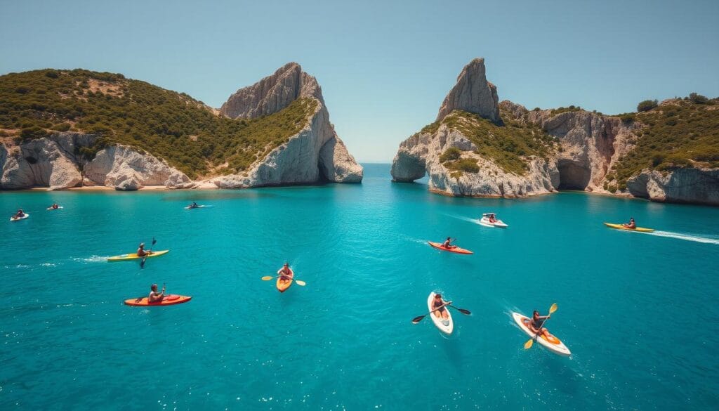 A sweeping panoramic view of the iconic Porto Timoni in Agios Georgios Pagon, Greece. In the foreground, a crystal-clear turquoise sea with people engaged in various water sports - kayaking, stand-up paddleboarding, and jet skiing. The middle ground features a picturesque bay surrounded by rugged, sun-drenched cliffs adorned with lush, verdant vegetation. In the background, the iconic twin-peaked rock formations of Porto Timoni stand tall, casting dramatic shadows across the serene waters. The scene is bathed in warm, golden sunlight, creating a sense of tranquility and adventure. The overall atmosphere is one of natural beauty, outdoor recreation, and the allure of the Greek island lifestyle.