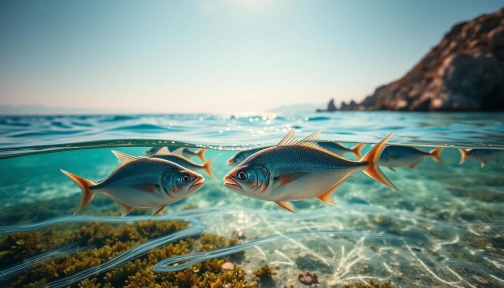 A tranquil seaside scene with a school of European sea bass, or Branzino, gracefully swimming in the shallows. The sun dapples the clear, turquoise waters, casting a warm, golden glow over the scene. The fish glide effortlessly, their silvery scales shimmering as they move through the lush, underwater vegetation. The horizon is hazy, with the distant outline of rocky cliffs and a clear, azure sky above. The composition is balanced, with the fish in the foreground, the middle ground filled with the colorful seascape, and the background providing a sense of depth and atmosphere. A serene, naturalistic depiction of the vibrant marine life found in the waters off the island of Corfu.