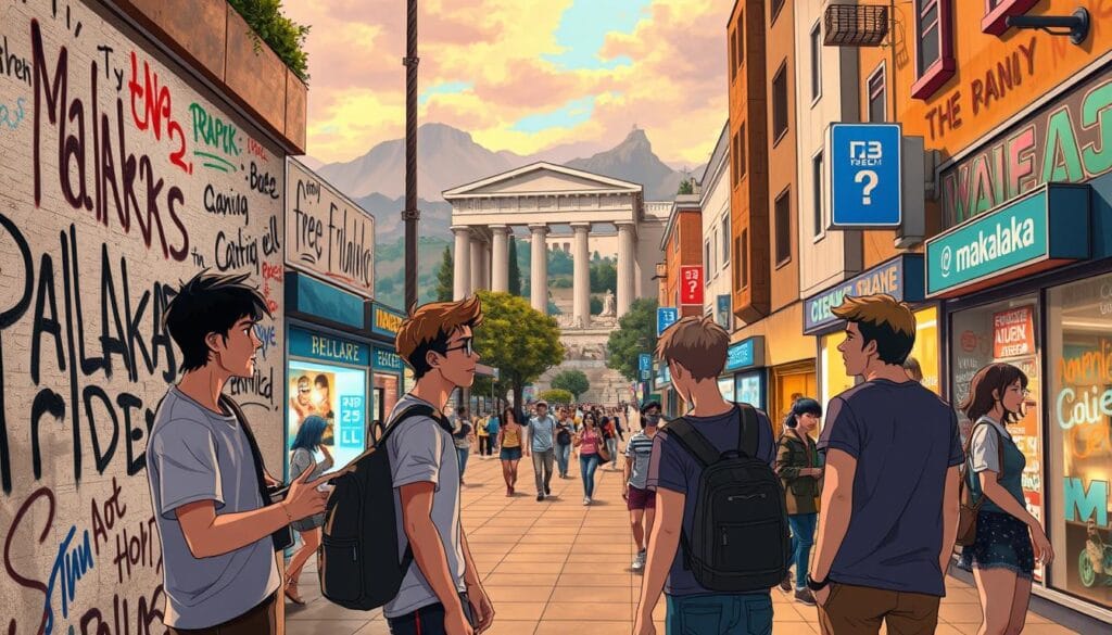 A vibrant, modern scene depicting the evolution of Greek slang. In the foreground, a group of young Athenians casually conversing, their body language and expressions conveying the casual, playful nature of their exchange. Behind them, graffiti-covered walls showcase the versatility and adaptability of the Greek language, with "malakas" scrawled amidst other colorful, colloquial phrases. The middle ground features a bustling street, with neon-lit storefronts and pedestrians moving through the lively urban landscape. In the background, the iconic architecture of ancient Greece stands as a timeless reminder of the rich cultural heritage that has shaped the modern Greek vernacular. Warm, diffused lighting casts a dynamic, energetic atmosphere over the entire scene.