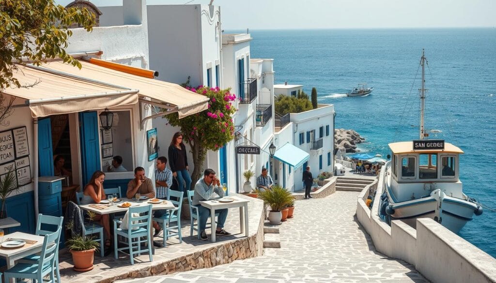 Agios Georgios Pagon, a charming Greek seaside town, comes alive in this image. In the foreground, a cozy outdoor café named San George Food Bar bustles with locals and tourists enjoying traditional Greek cuisine and refreshing beverages. The middle ground features the winding streets lined with whitewashed buildings, their vibrant blue accents shimmering in the warm Mediterranean sunlight. In the background, the tranquil azure waters of the Aegean Sea stretch out, with a traditional Greek fishing boat gently bobbing on the gentle waves. The scene exudes a sense of relaxation and authentic Greek hospitality, inviting the viewer to immerse themselves in the delightful atmosphere of this picturesque destination.