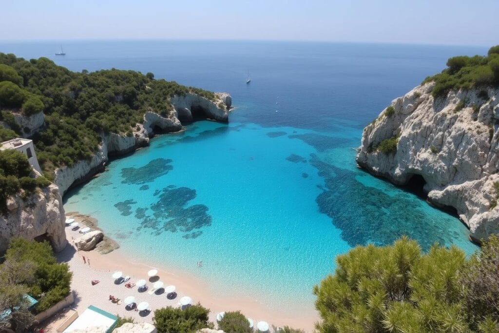 Agios Spyridon Beach in Paleokastritsa with crystal clear waters and surrounding cliffs - Paleokastritsa Corfu Travel Guide