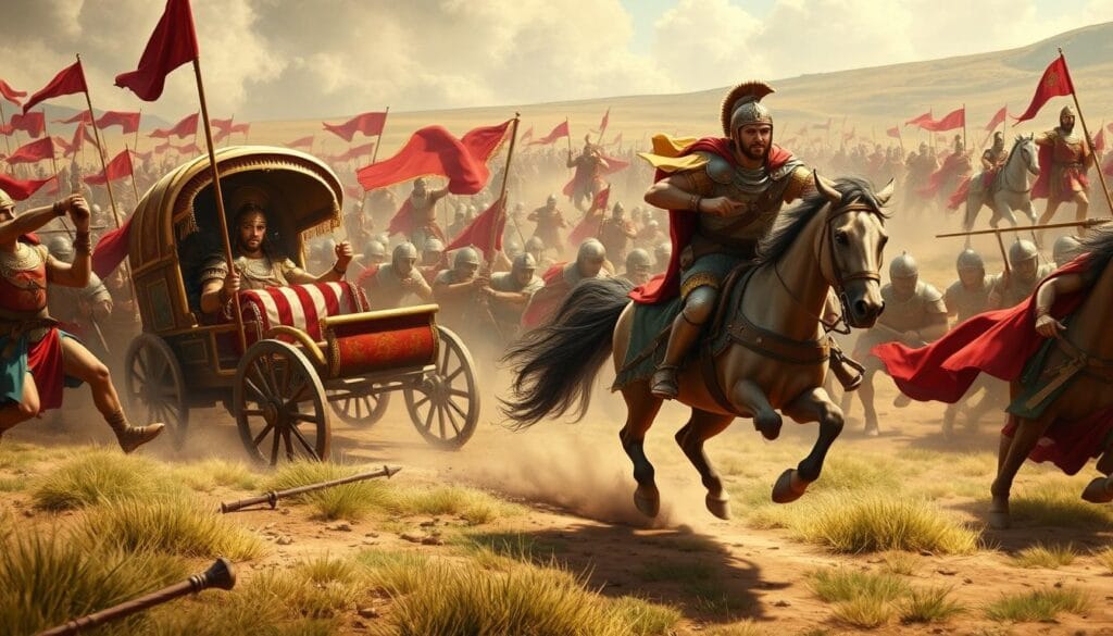 Alexander pursuing King Darius III at the Battle of Issus