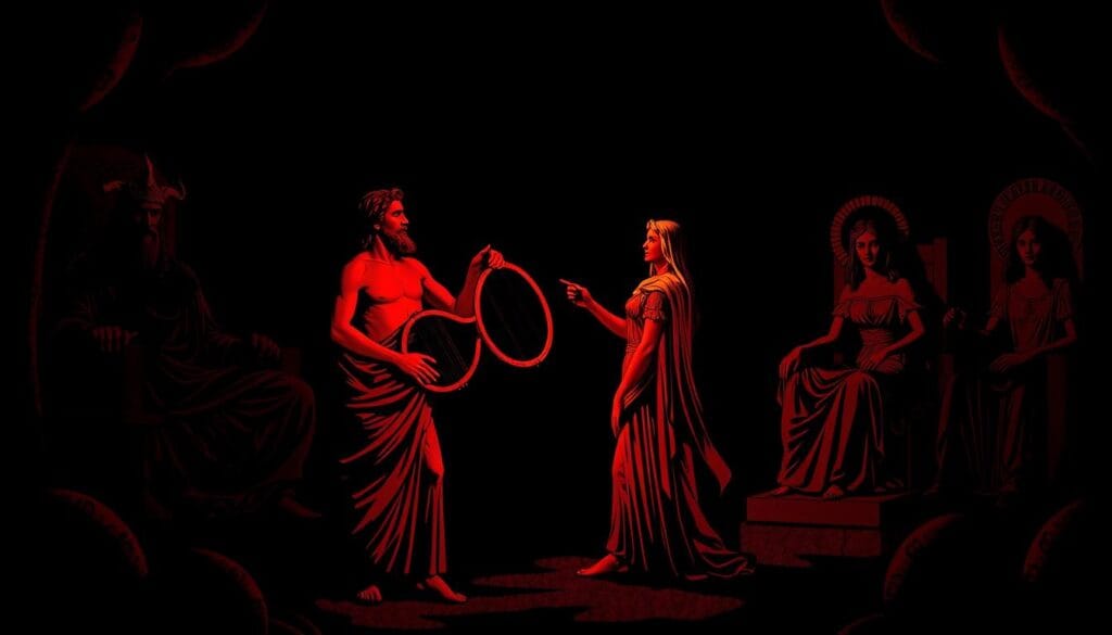 Ancient Greek artwork depicting Orpheus and Eurydice in the Underworld