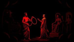 Ancient Greek artwork depicting Orpheus and Eurydice in the Underworld