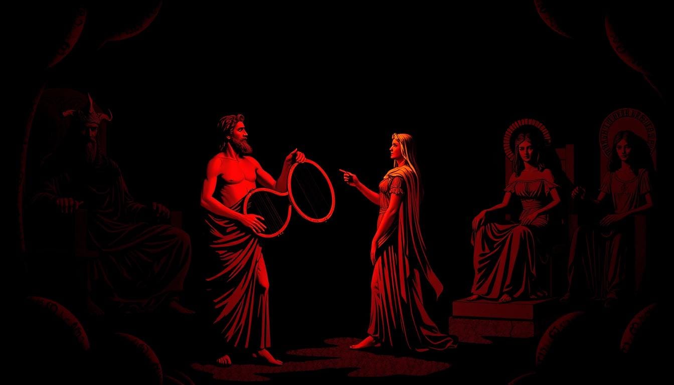 Ancient Greek artwork depicting Orpheus and Eurydice in the Underworld