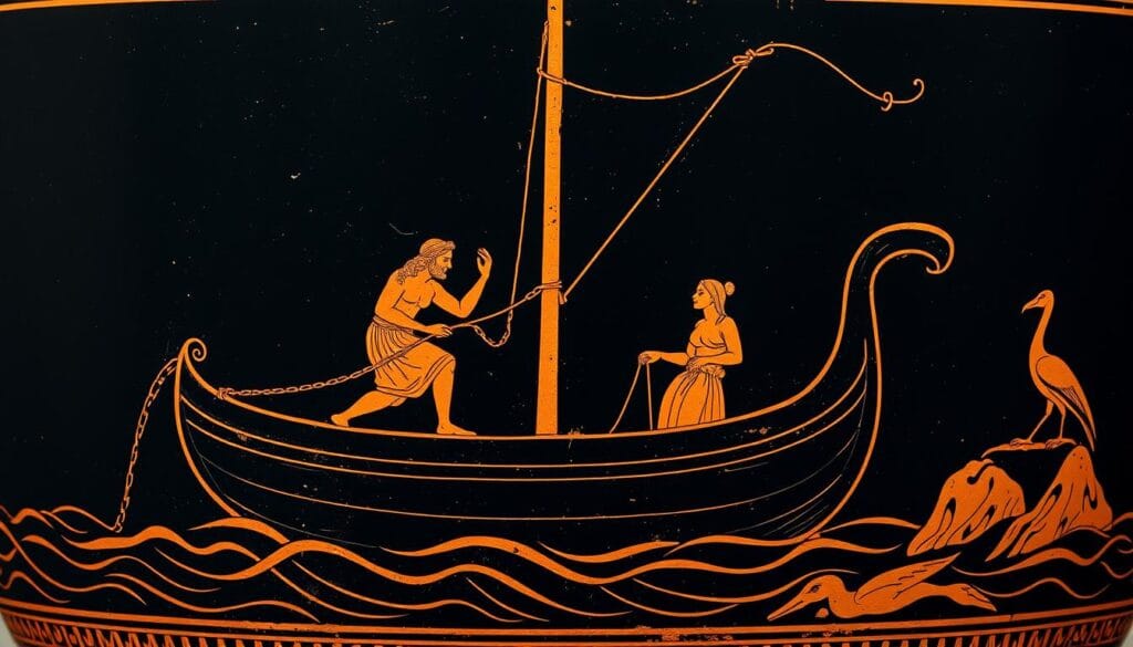 Ancient Greek vase painting depicting Odysseus tied to the mast of his ship while passing the Sirens