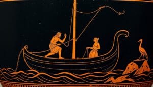 Ancient Greek vase painting depicting Odysseus tied to the mast of his ship while passing the Sirens