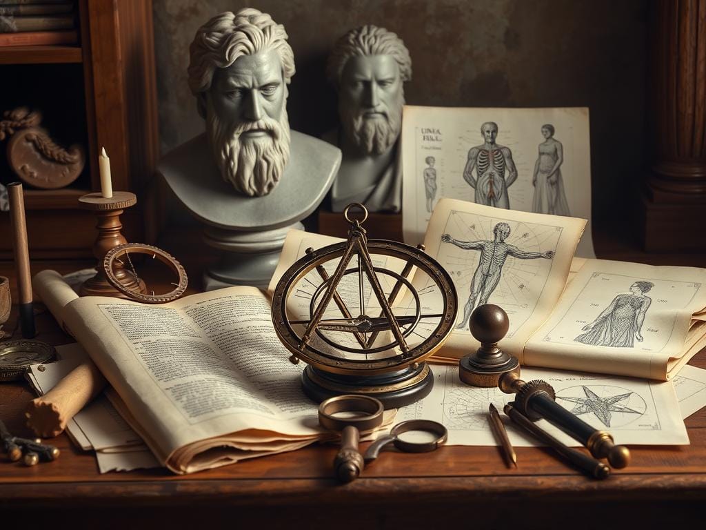 Ancient scrolls and astronomical instruments representing Hellenistic scientific advancements