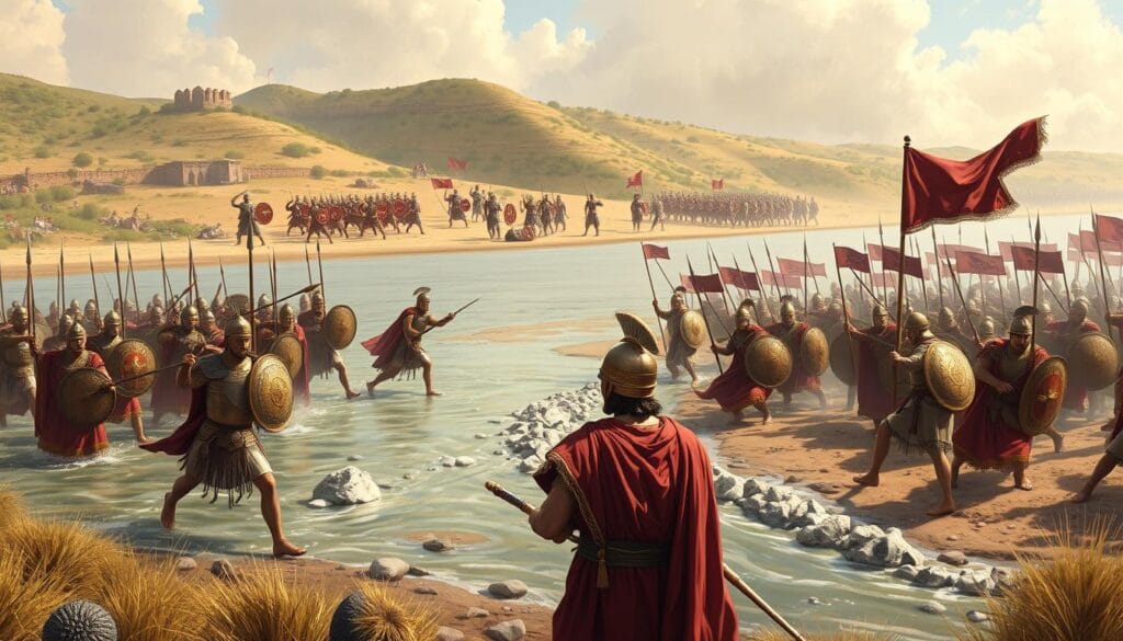 Battle of Granicus showing Alexander crossing the river to engage Persian forces