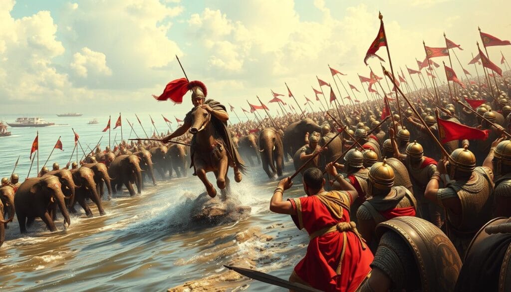 Battle scene showing Alexander the Great fighting King Porus at the Battle of the Hydaspes with war elephants