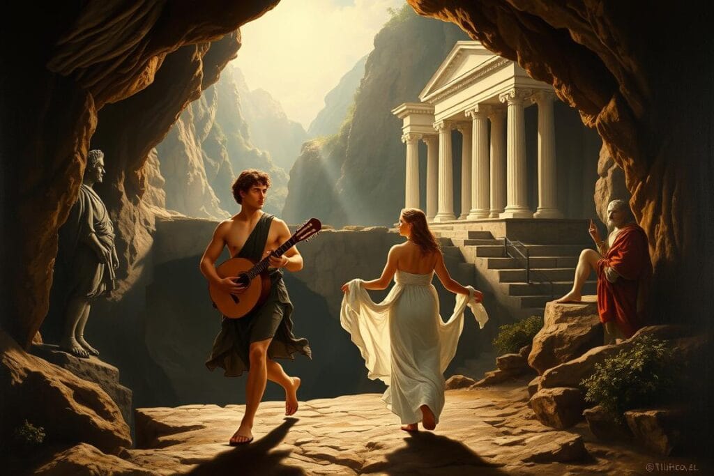 Classical painting depicting Orpheus leading Eurydice from the Underworld
