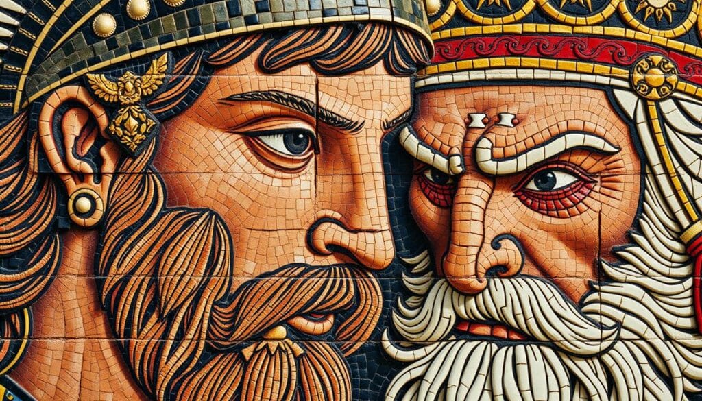 Close-up detail of the Alexander Mosaic showing facial expressions