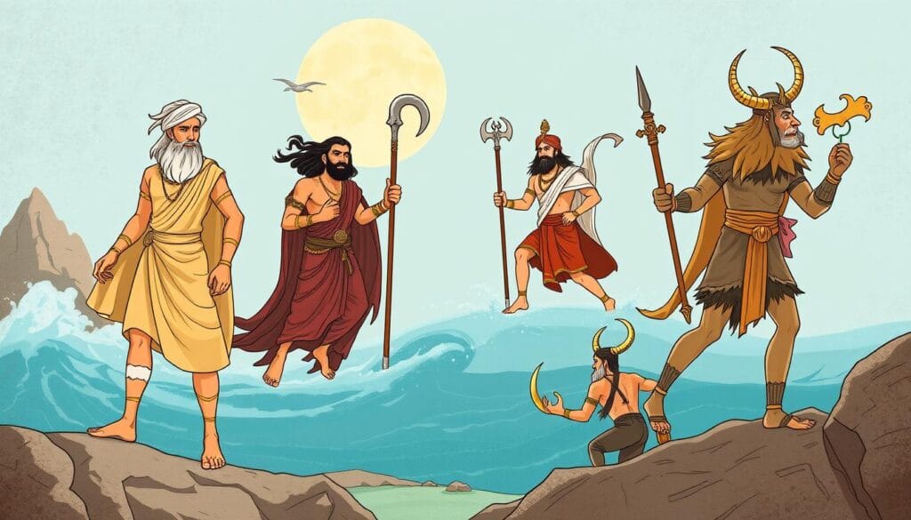 Comparative visual of wandering hero figures from different mythological traditions