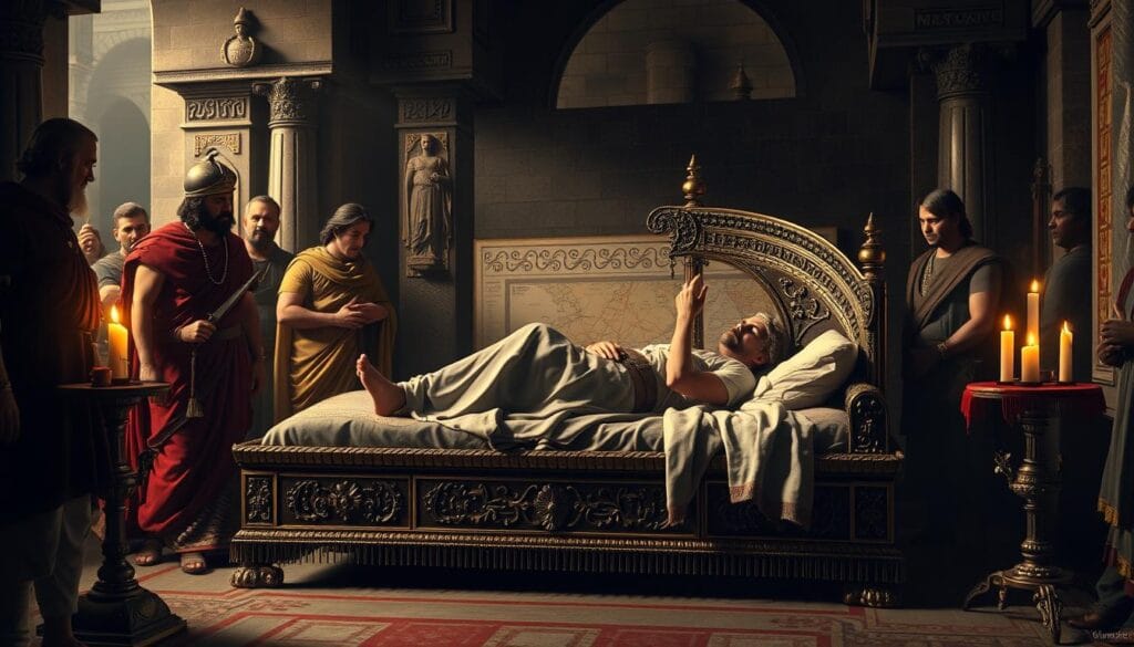 Deathbed scene of Alexander the Great surrounded by his generals in Babylon