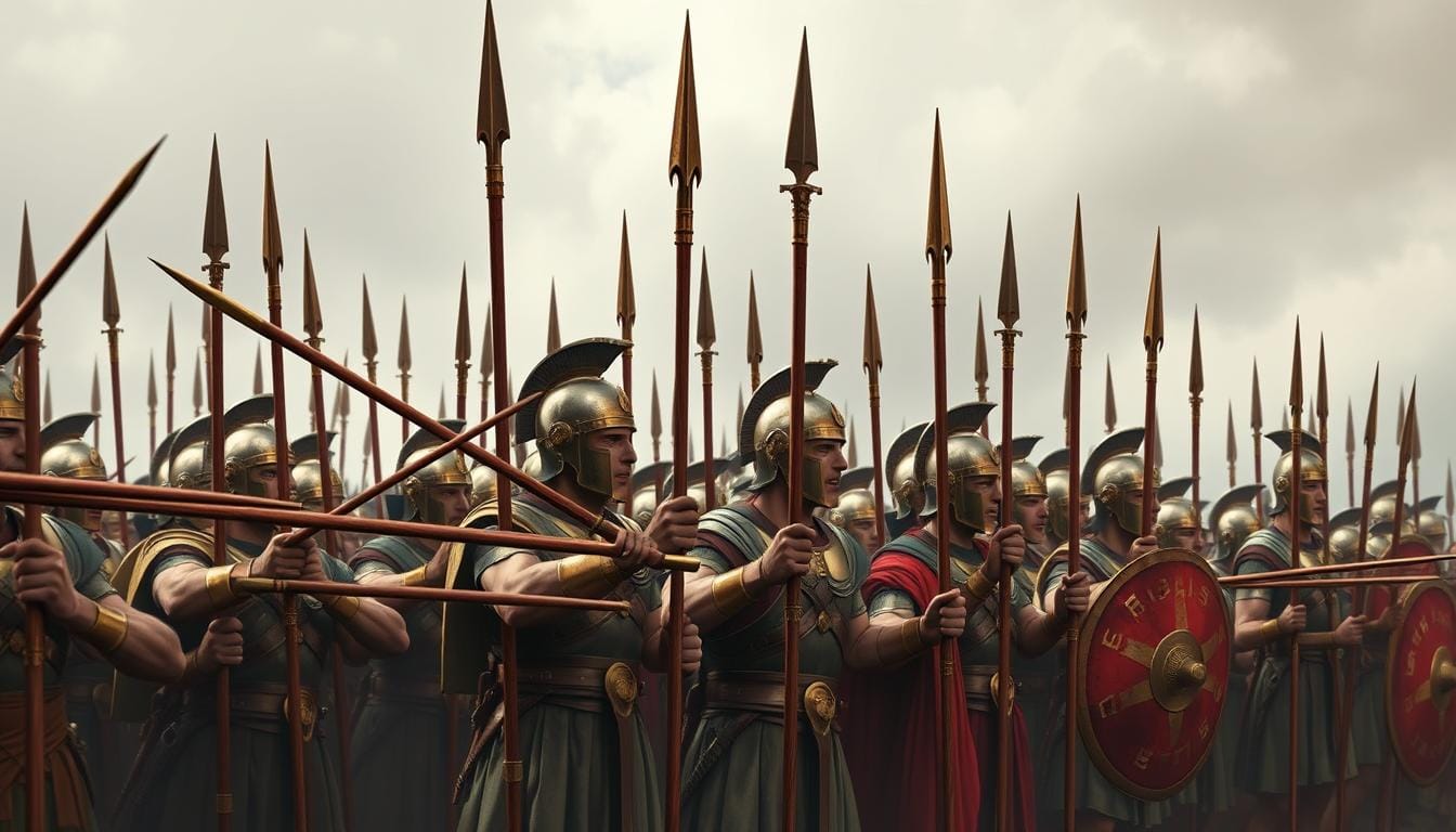 Macedonian phalanx formation with sarissa spears extended forward in battle formation