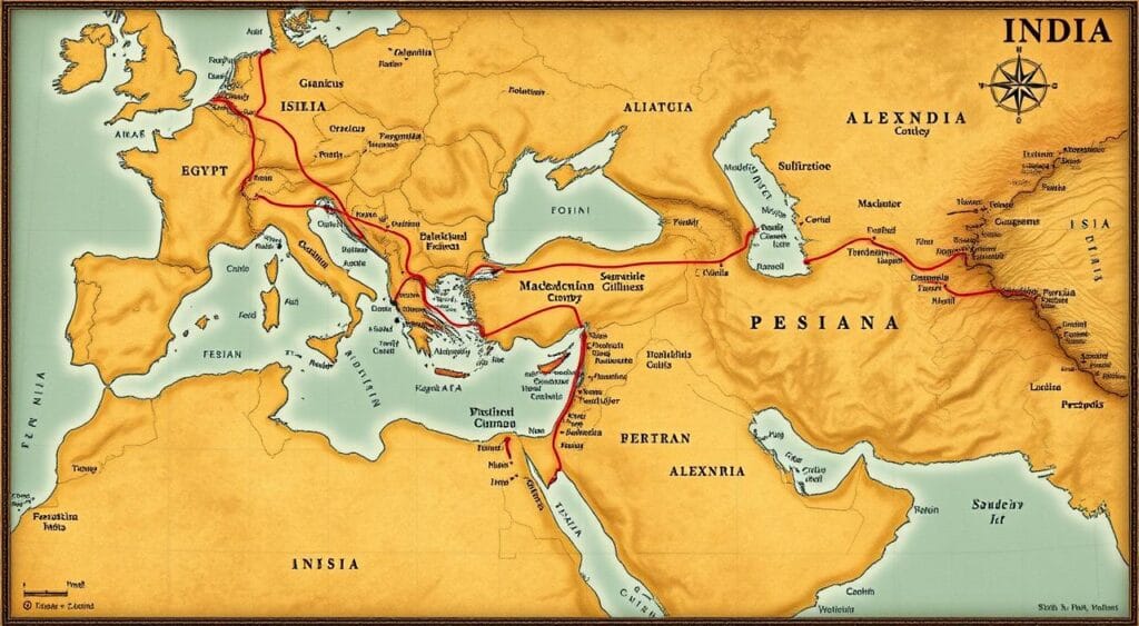 Map showing Alexander the Great's conquest route across his empire from Macedonia through Persia to India